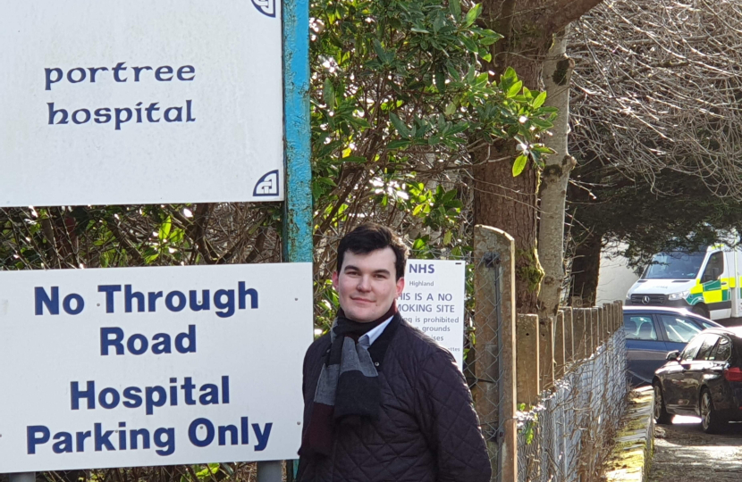 Councillor Stewart outside Portree Hospital.