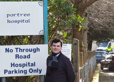 Councillor Stuart outside Portree Hospital